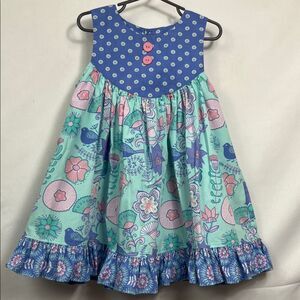 Eleanor Rose Mint, blue and pink floral polka dot and bird print dress NWOT 4-5